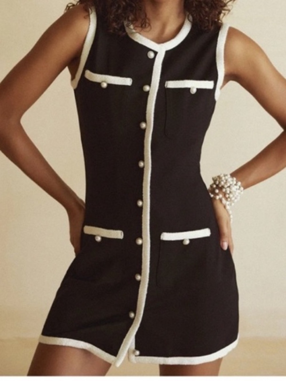 SAME Grace Sleeveless Black Mini Dress with White Trim and Pearl Buttons size s